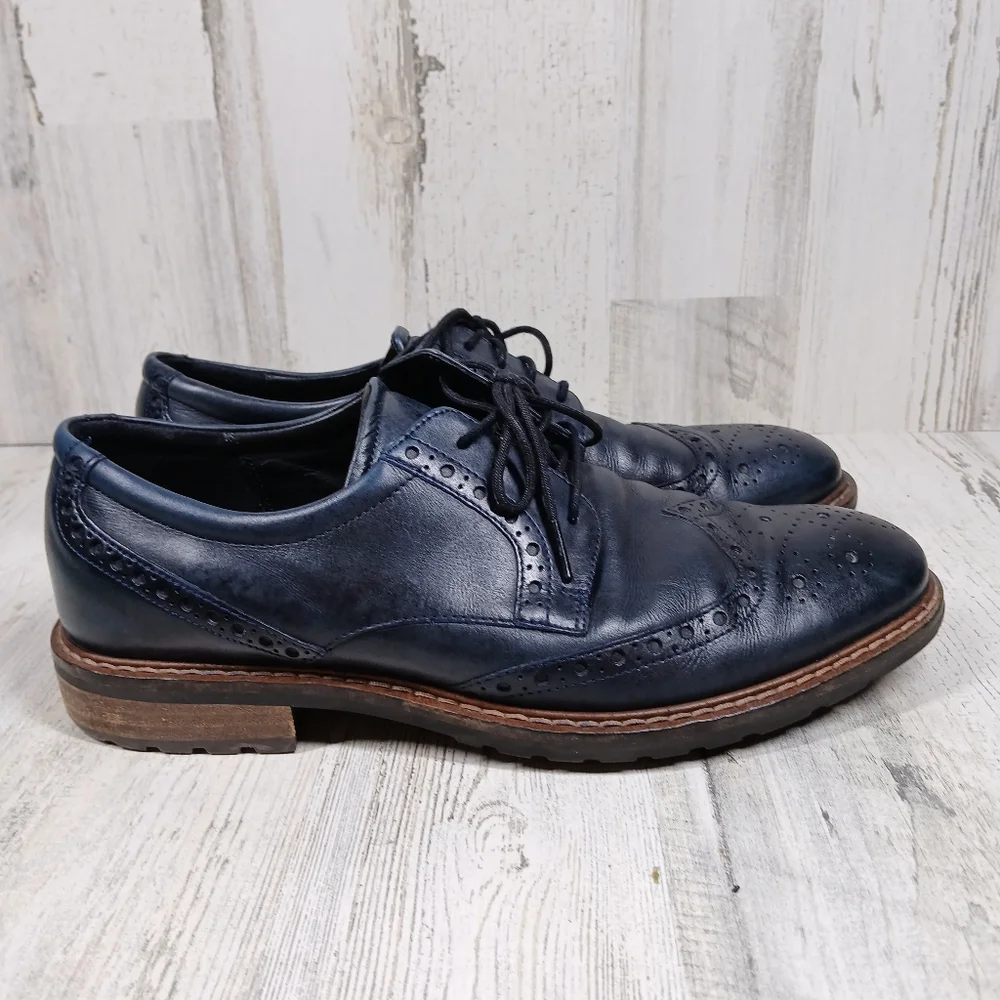 Ecco Shoes‎ Men's 9 Navy Blue Leather Wingtip Oxford Dress Brogue Detail